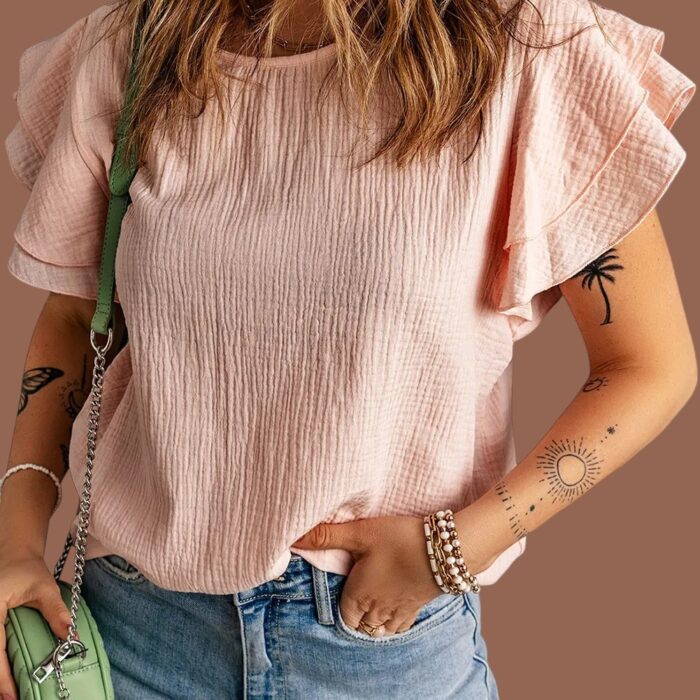 Pink Textured Tiered Ruffled Short Sleeve Blouse