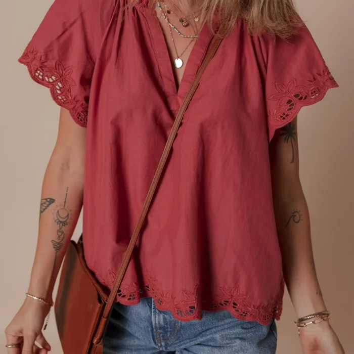 Romantic Red Floral V-Neck Top