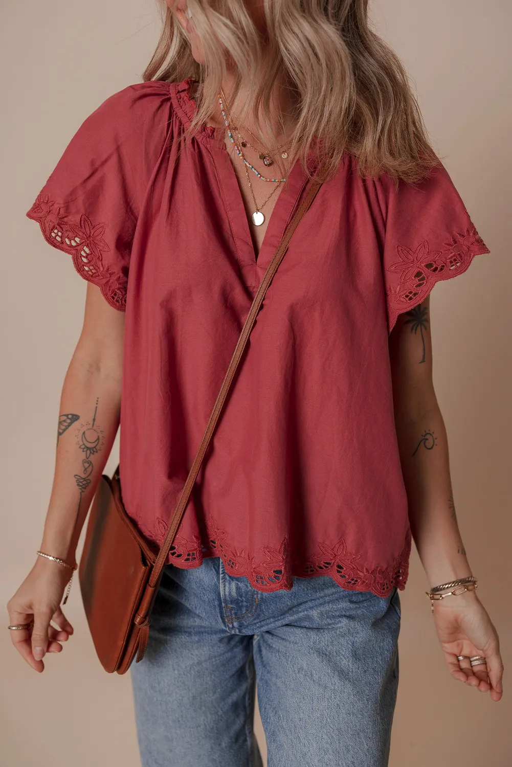 Romantic Red Floral V-Neck Top