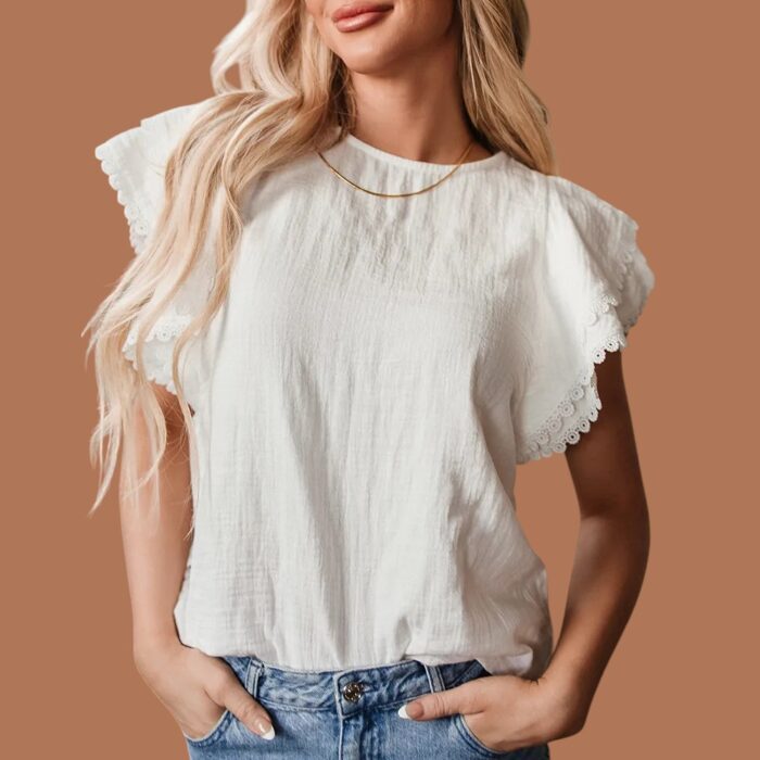 White Crinkled Layered Ruffled Flutter Sleeve Blouse
