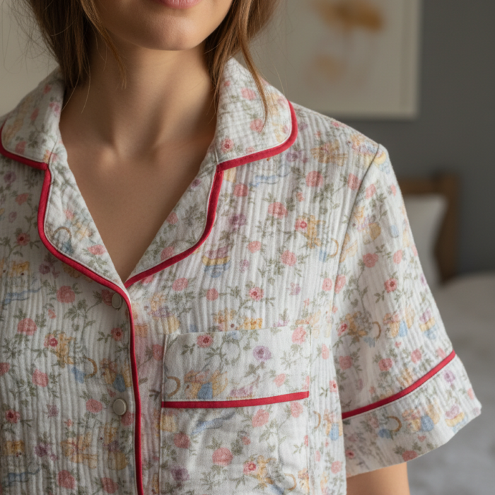 Women’s Floral 100% Cotton Muslin Pajama Set – Short Sleeve Button-Up Sleepwear