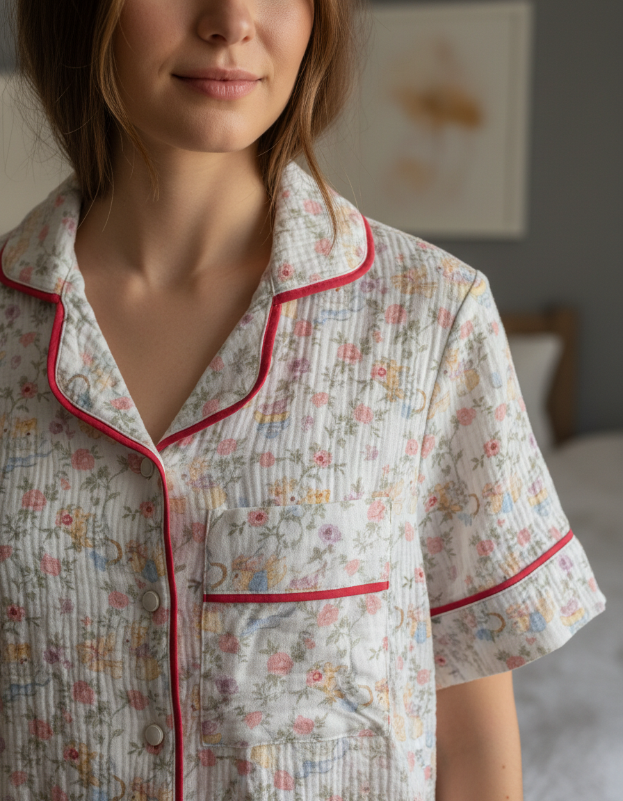 Women’s Floral 100% Cotton Muslin Pajama Set – Short Sleeve Button-Up Sleepwear