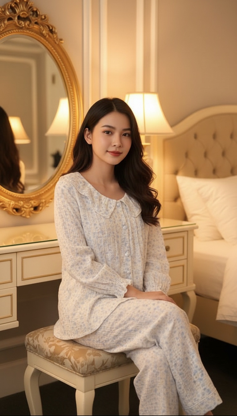100% Cotton Muslin Women’s Floral 2-Piece Lounge Set – Casual Button-Up Top & Wide-Leg Pants